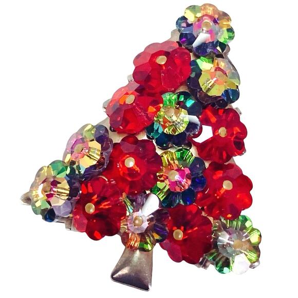 Vintage 1960s Christmas Tree Brooch Red AB Marguerite Crystal Sparkling Pin - Picture 1 of 10